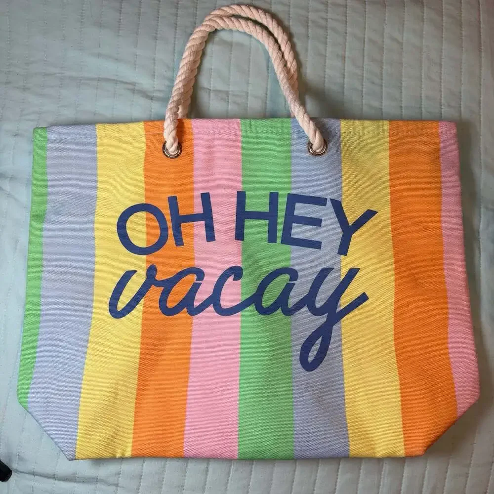 Oh Hey Vacay Striped Canvas Beach Tote with Rope Handles